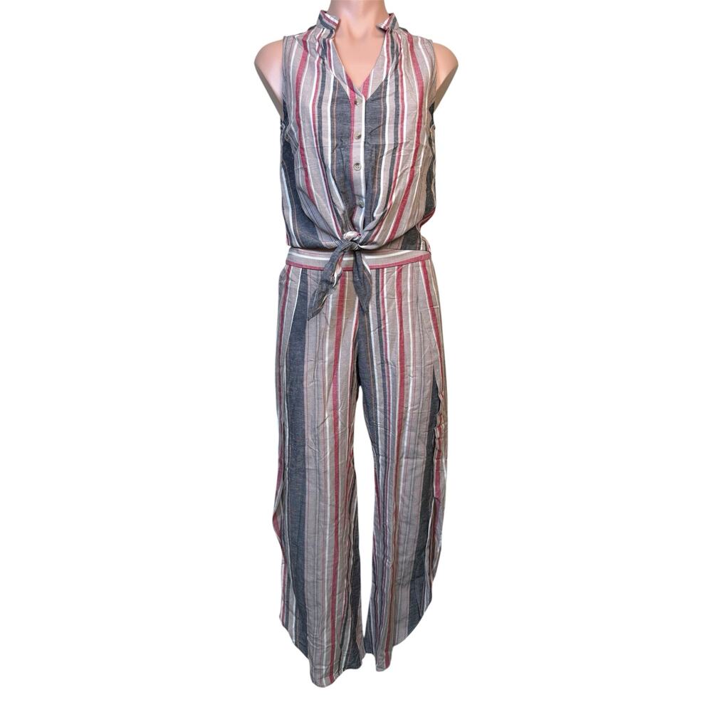 Drew Linen Blend Striped Set XS Sleeveless Tie Waist Top Wide Leg Pants Slit NWT